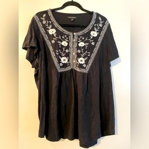 Lane Bryant black blouse with white floral thread design